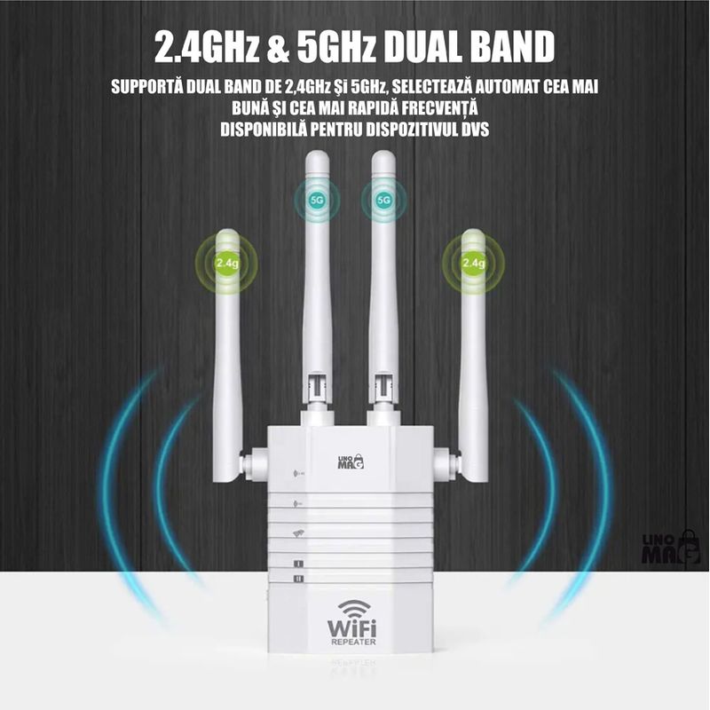 PC, gaming si accesorii - Retelistica - Wireless - Adaptoare wireless - Amplificator Semnal WiFi Linomag®, Dual Band 2.4/5GHz, 1200Mbps, 4 antene, 2xLAN, 240m², Range Extender, Alb - Infinity.ro