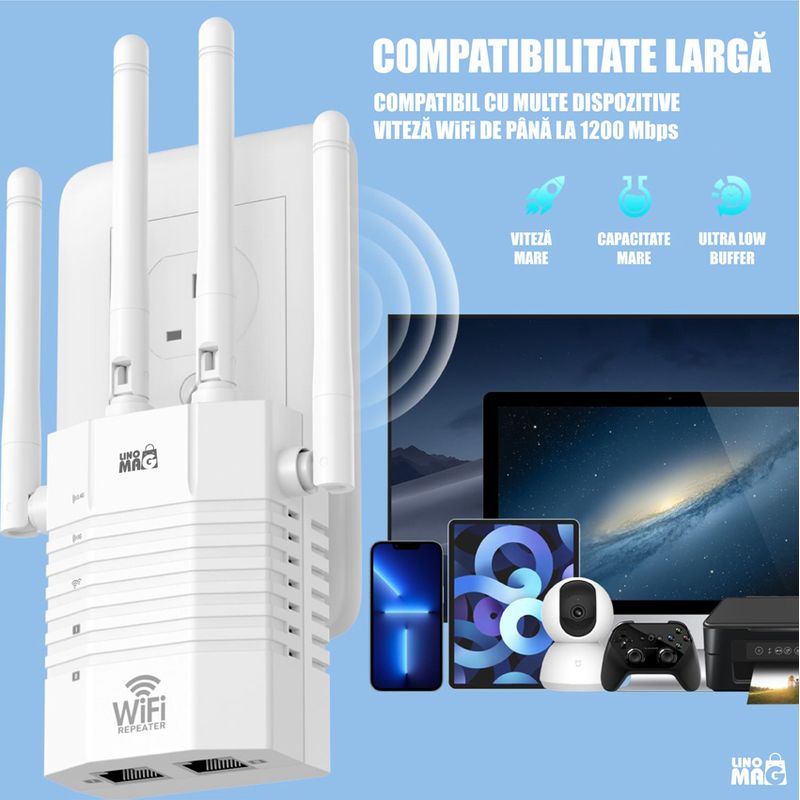 PC, gaming si accesorii - Retelistica - Wireless - Adaptoare wireless - Amplificator Semnal WiFi Linomag®, Dual Band 2.4/5GHz, 1200Mbps, 4 antene, 2xLAN, 240m², Range Extender, Alb - Infinity.ro
