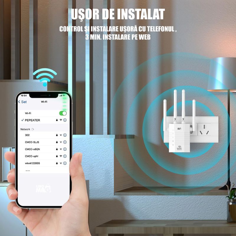 PC, gaming si accesorii - Retelistica - Wireless - Adaptoare wireless - Amplificator Semnal WiFi Linomag®, Dual Band 2.4/5GHz, 1200Mbps, 4 antene, 2xLAN, 240m², Range Extender, Alb - Infinity.ro