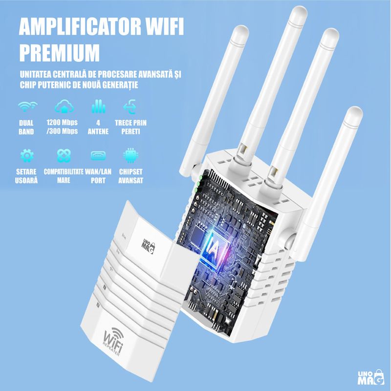 PC, gaming si accesorii - Retelistica - Wireless - Adaptoare wireless - Amplificator Semnal WiFi Linomag®, Dual Band 2.4/5GHz, 1200Mbps, 4 antene, 2xLAN, 240m², Range Extender, Alb - Infinity.ro