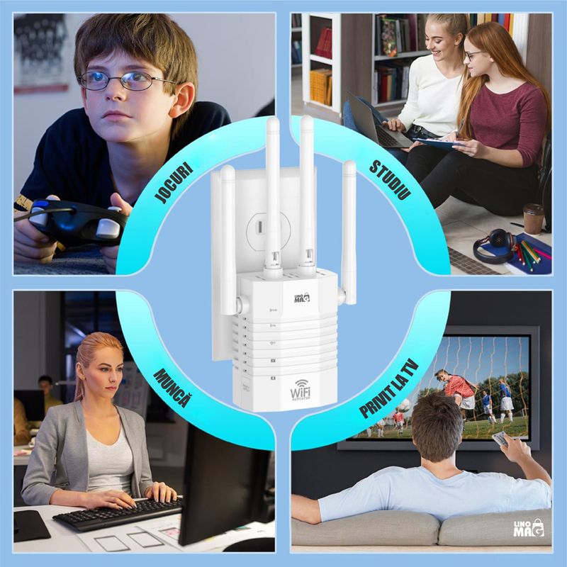 PC, gaming si accesorii - Retelistica - Wireless - Adaptoare wireless - Amplificator Semnal WiFi Linomag®, Dual Band 2.4/5GHz, 1200Mbps, 4 antene, 2xLAN, 240m², Range Extender, Alb - Infinity.ro