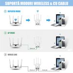 PC, gaming si accesorii - Retelistica - Wireless - Adaptoare wireless - Amplificator Semnal WiFi Linomag®, Dual Band 2.4/5GHz, 1200Mbps, 4 antene, 2xLAN, 240m², Range Extender, Alb - Infinity.ro