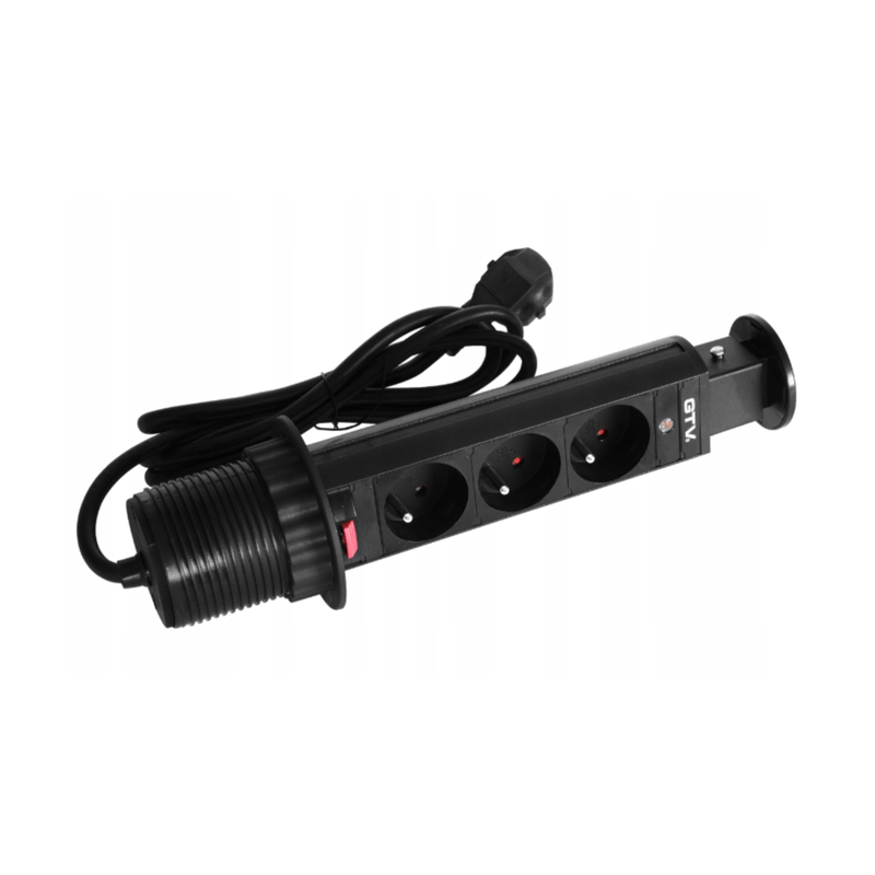 Casa si Gradina - Electrice - Prize - Priza Incorporabila Retractabila Rotunda, GTV, Diametru 60mm, 3 Prize Schuko, Cablu 1.5, IP20, Sarcina max 3600W, Negru - Infinity.ro