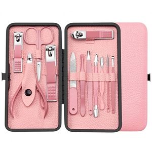 Set manichiura si pedichiura, roz, 12 in 1, organizat in trusa din piele ecologica, JollyMag, AK20