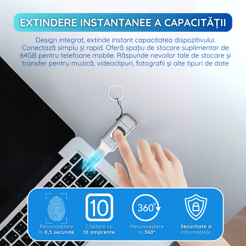 PC, gaming si accesorii - Periferice PC - Memorii USB - Stick USB 64GB, USB 3.0 + Type-C, Criptare Amprenta, Carcasa Metalica, Compatibil Laptop si Telefon, Argintiu - Infinity.ro