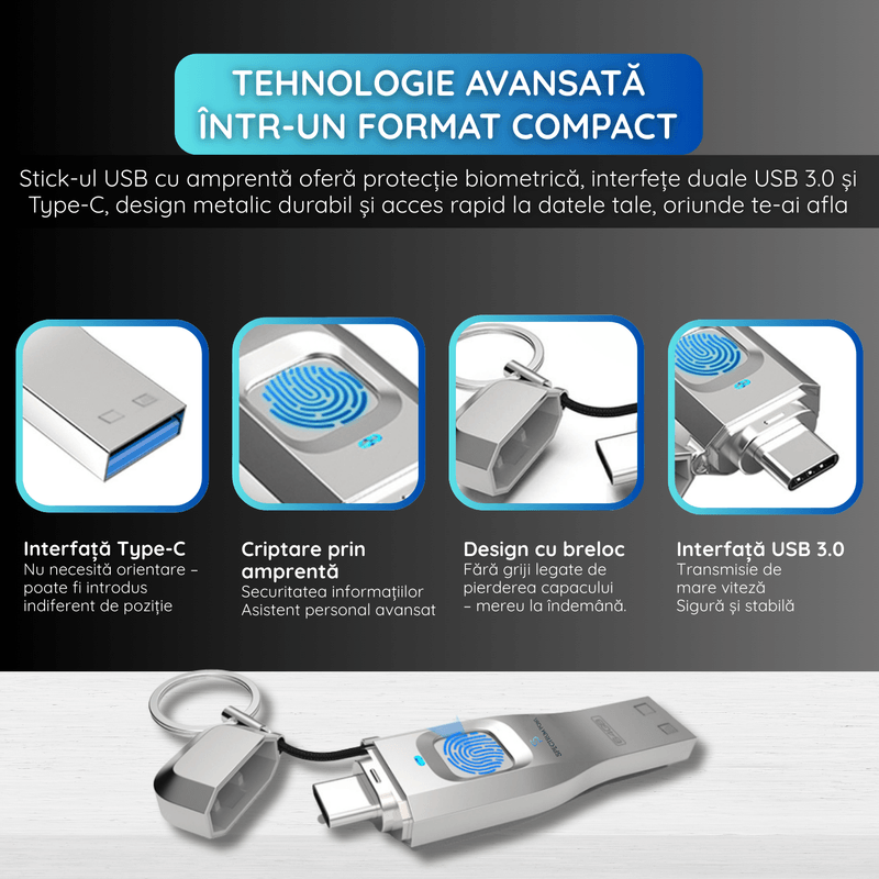PC, gaming si accesorii - Periferice PC - Memorii USB - Stick USB 64GB, USB 3.0 + Type-C, Criptare Amprenta, Carcasa Metalica, Compatibil Laptop si Telefon, Argintiu - Infinity.ro