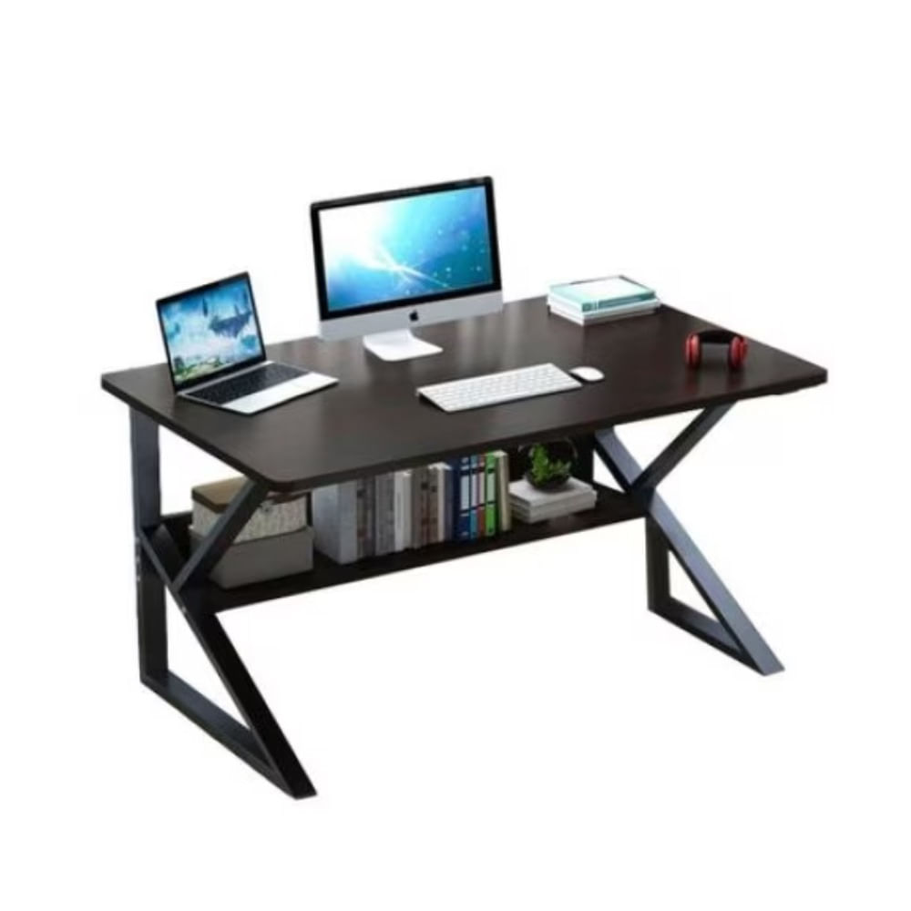 Birou ergonomic cu raft pentru depozitare/birou ofiice, blat din furnir, cadru metalic 80x40x72 cm