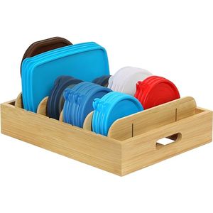 Organizator multifunctional, pentru depozitare condimente sau capace, 5 divizoare reglabile, bambus, 33x26 x9.5 cm