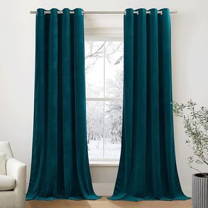 Set 2 draperii cu inele, din catifea, protectie termica, albastru inchis, 140x260