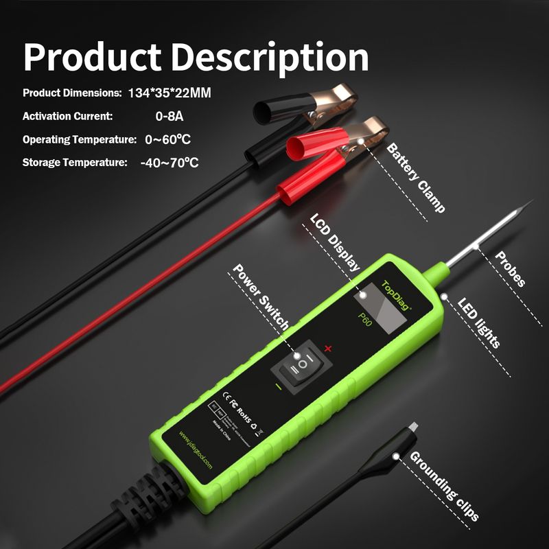 Auto si Moto - Reparatii si depanare - Scule auto - Testere si multimetre - Tester Circuite Electrice Auto TopDiag P60, 6-30V, Diagnostic cu afisaj LCD, Detectie Scurtcircuit - Infinity.ro