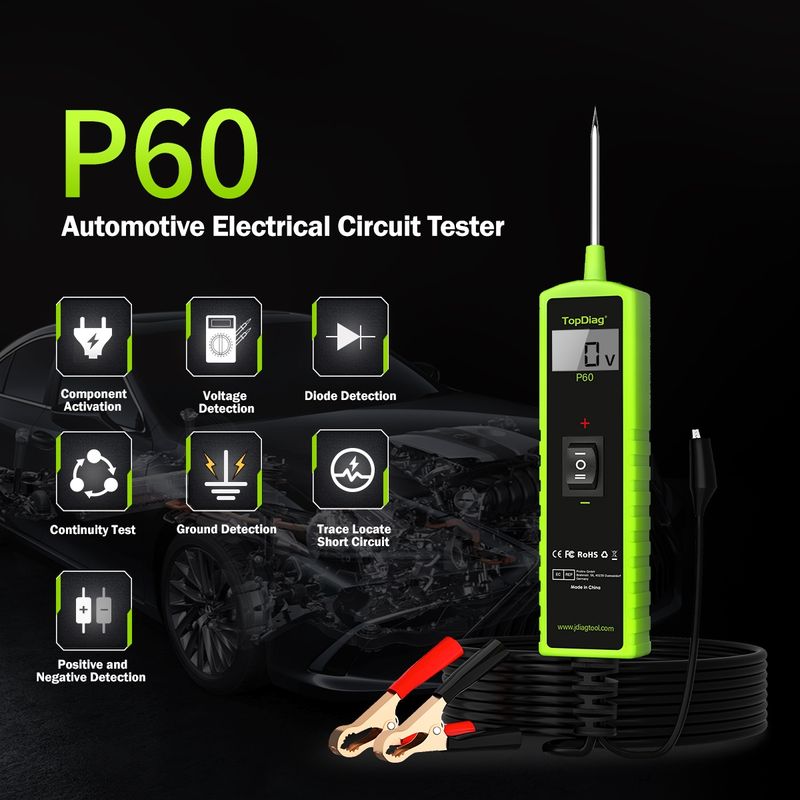 Auto si Moto - Reparatii si depanare - Scule auto - Testere si multimetre - Tester Circuite Electrice Auto TopDiag P60, 6-30V, Diagnostic cu afisaj LCD, Detectie Scurtcircuit - Infinity.ro