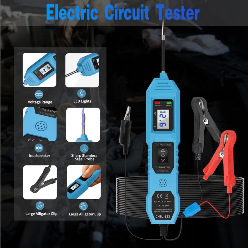 Auto si Moto - Reparatii si depanare - Scule auto - Testere si multimetre - Tester Tensiune Auto Circuite Electrice Techstar® 823, 6-24V cu Afisaj LCD, LED, Clesti si Sonda Otel Inoxidabil - Infinity.ro