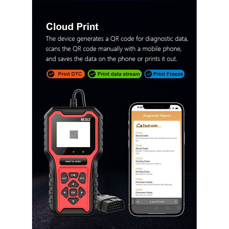 Auto si Moto - Reparatii si depanare - Sisteme de diagnoza - Tester Diagnoza Auto Techstar M302, OBD II, Resetare Oil Service, Live Data, Test senzor O2, Printare cloud cod QR - Infinity.ro