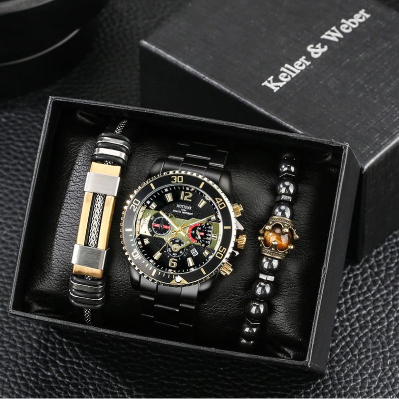 Market - Cadouri - Cadouri personalizate - Set cadou cu ceas barbatesc Keller & Weber auriu si doua bratari - Infinity.ro