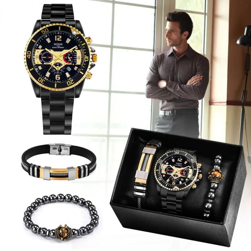 Market - Cadouri - Cadouri personalizate - Set cadou cu ceas barbatesc Keller & Weber auriu si doua bratari - Infinity.ro