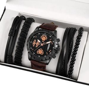 Set cadou cu ceas barbatesc Shaarms maro si patru bratari elegante