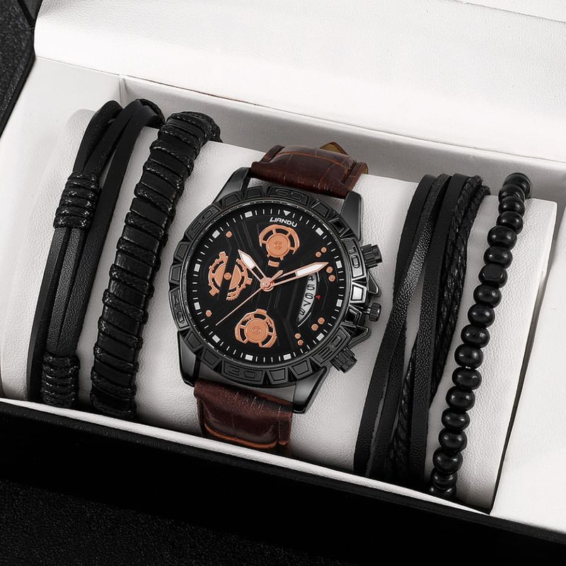 Market - Cadouri - Cadouri personalizate - Set cadou cu ceas barbatesc Shaarms maro si patru bratari elegante - Infinity.ro