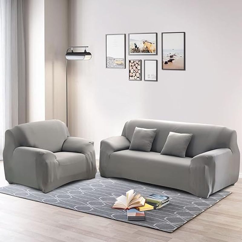 Casa si Gradina - Textile si covoare - Huse pentru mobilier - Husa elastica pentru canapea cu 2 locuri si doua huse pentru perna, antiderapanta, 140-180 cm, gri - Infinity.ro