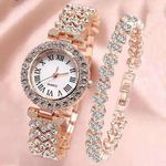 Fashion, accesorii si bijuterii - Femei - Bijuterii femei - Ceasuri femei - Set cadou cu ceas de dama Geneva Crystal auriu roze si bratara - Infinity.ro