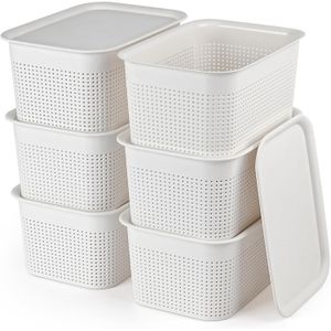 Set 6 cutii pentru depozitare si organizare din plastic, cu capac, cosuri moderne pentru dulapuri, rafturi, albe