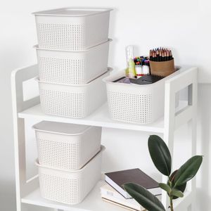 Set 6 cutii pentru depozitare si organizare din plastic, cu capac, cosuri moderne pentru dulapuri, rafturi, albe