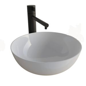 Lavoar pentru baie, rotund, montaj pe blat, din ceramica, efect de lotus, preaplin, alb