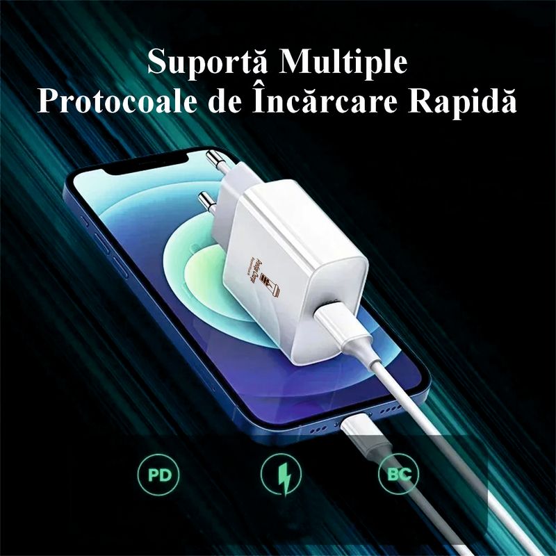 Laptop, Telefoane si Tablete - Telefoane mobile si accesorii - Accesorii Telefoane - Incarcatoare telefoane - Incarcator FastCharge USB-C, 20W, inclus cablu Lightning 1m, compatibil cu iPhone 11, 12, 13, 14 Pro/ProMax - Infinity.ro