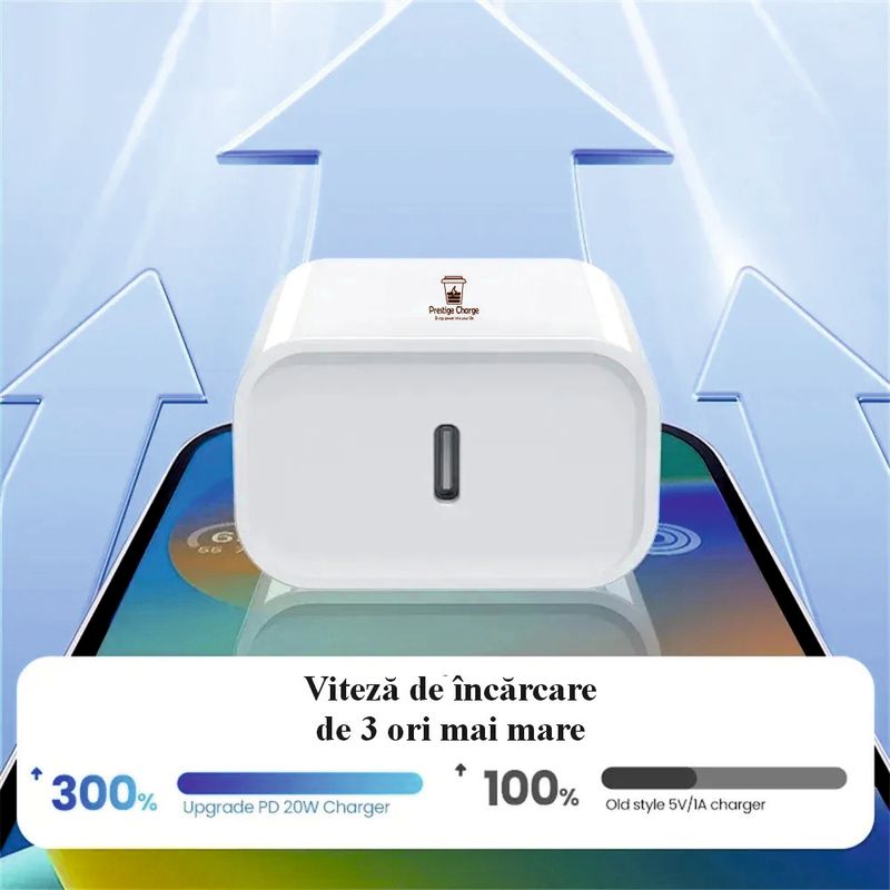 Laptop, Telefoane si Tablete - Telefoane mobile si accesorii - Accesorii Telefoane - Incarcatoare telefoane - Incarcator FastCharge USB-C, 20W, inclus cablu Lightning 1m, compatibil cu iPhone 11, 12, 13, 14 Pro/ProMax - Infinity.ro