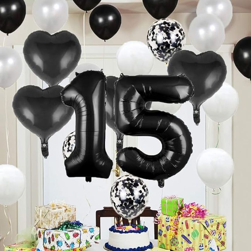 Casa si Gradina - Decoratiuni - Decoratiuni petrecere - Baloane - Set 25 baloane pentru ziua de nastere/aniversare, balon mare 15 ani, 101cm, negru - Infinity.ro