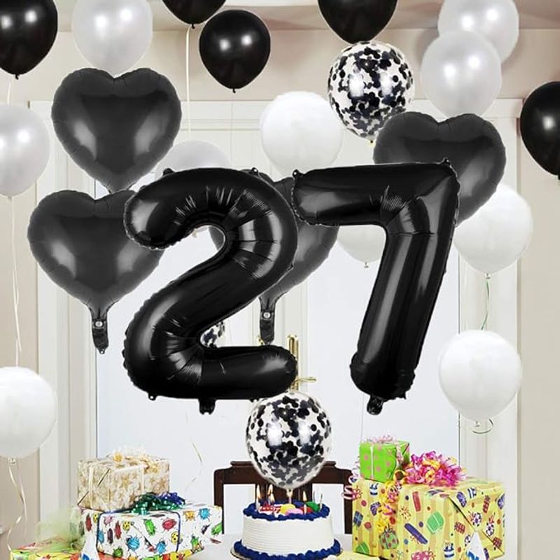 Casa si Gradina - Decoratiuni - Decoratiuni petrecere - Baloane - Set 25 baloane pentru ziua de nastere/aniversare, balon mare 27 ani, 101cm, negru - Infinity.ro