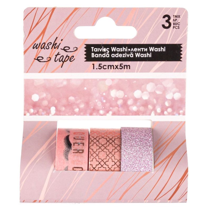 Carti si Birotica - Birotica - Accesorii de birou - Benzi adezive - Set benzi adezive washi, 3buc, model glitter roz auriu, dimensiuni 5m x 1.5cm - Infinity.ro