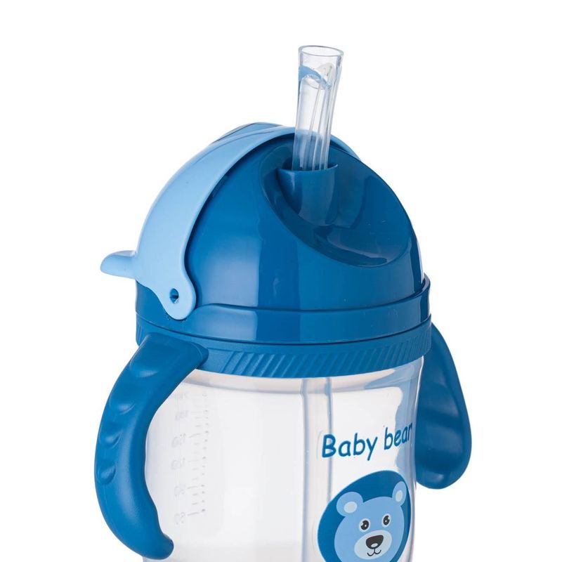 Jucarii, Copii si Bebe - Hrana si alaptare - Biberoane, suzete si accesorii hranire - Articole hranire bebelusi - Cana antrenament, honey baby, ursulet, manere, pai anti-scurgere, capac retractabil, capacitate 235 ml, albastru - Infinity.ro