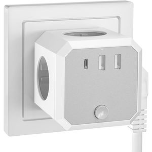 Priza cu mufa multipla, 2XUSB, 1x tip C, max. 250 V/16 A, buton On/Off, Alb/Gri