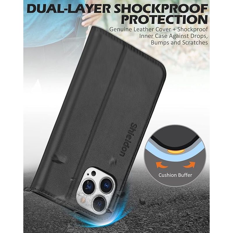 Laptop, Telefoane si Tablete - Telefoane mobile si accesorii - Accesorii Telefoane - Huse telefoane - Husa iPhone 13 Pro, tip portofel cu blocare RFID, suport carduri si protectie completa anti-soc, neagra - Infinity.ro