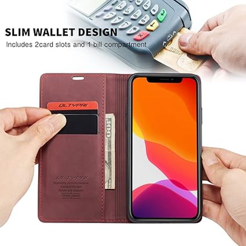 Laptop, Telefoane si Tablete - Telefoane mobile si accesorii - Accesorii Telefoane - Huse telefoane - Husa pentru iPhone 11 PRO, design antishock, ichidere magnetica, tip portofel, piele PU, visiniu - Infinity.ro