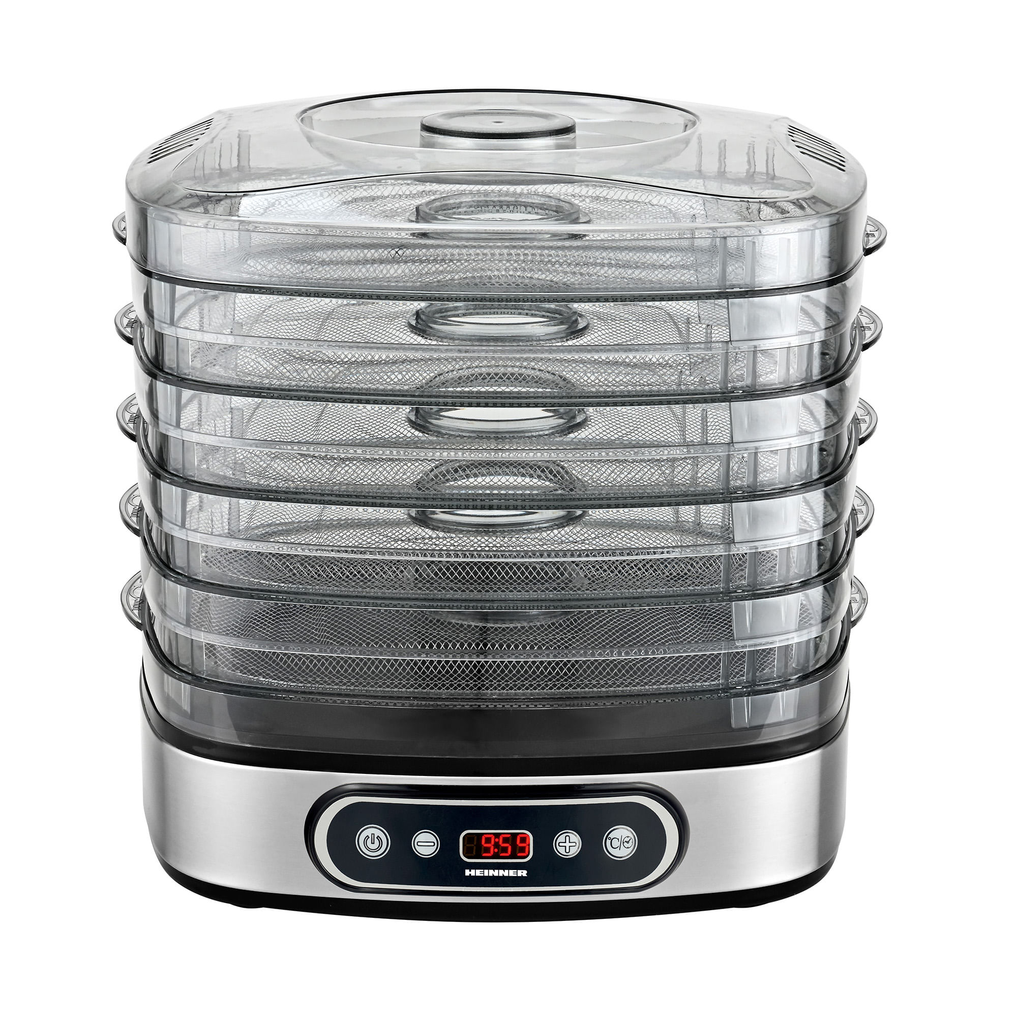 Deshidrator de alimente Heinner FreshDehydrate HFD-K380SSBK, 320-380W, 5 tavi inox, display LED