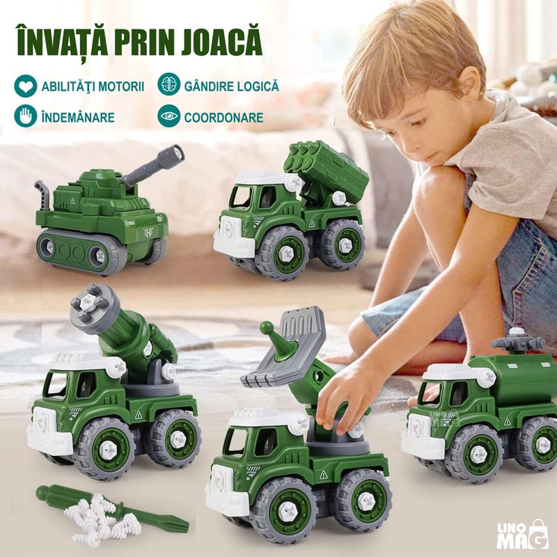 Jucarii, Copii si Bebe - Jucarii si jocuri - Vehicule si jucarii cu telecomanda - Roboti de jucarie - Robot Transformer 5 in 1 Linomag®, masini militare, surubelnita inclusa, +3 ani, verde, 31.5x15.7x21.6cm - Infinity.ro