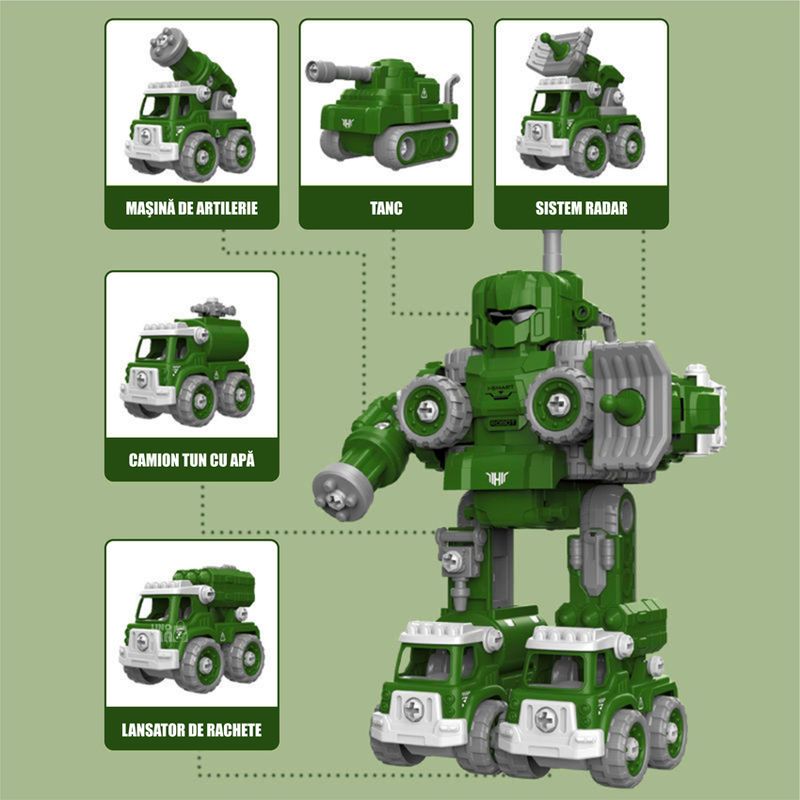 Jucarii, Copii si Bebe - Jucarii si jocuri - Vehicule si jucarii cu telecomanda - Roboti de jucarie - Robot Transformer 5 in 1 Linomag®, masini militare, surubelnita inclusa, +3 ani, verde, 31.5x15.7x21.6cm - Infinity.ro