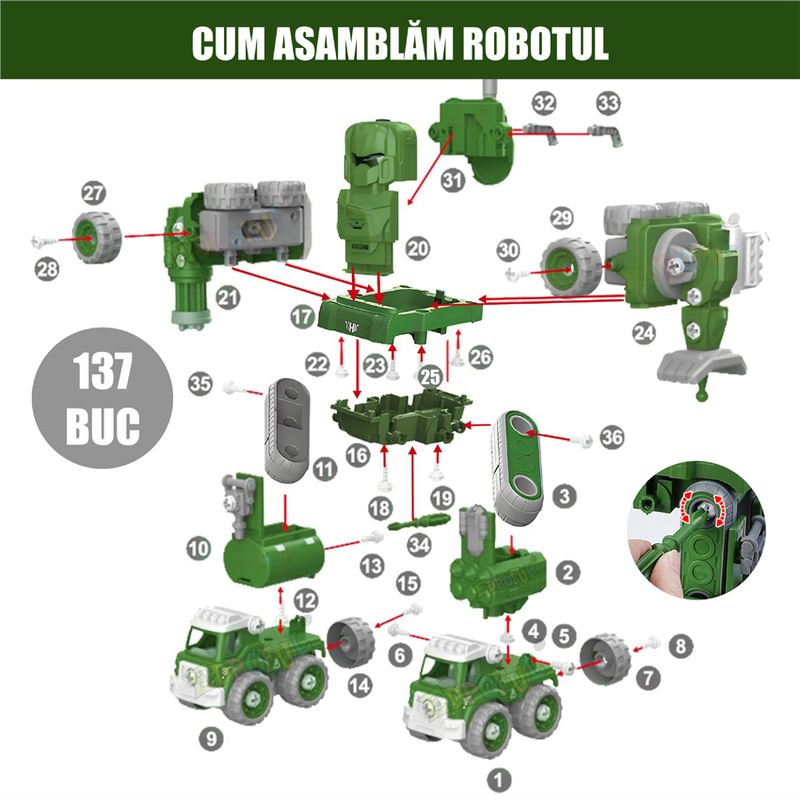 Jucarii, Copii si Bebe - Jucarii si jocuri - Vehicule si jucarii cu telecomanda - Roboti de jucarie - Robot Transformer 5 in 1 Linomag®, masini militare, surubelnita inclusa, +3 ani, verde, 31.5x15.7x21.6cm - Infinity.ro