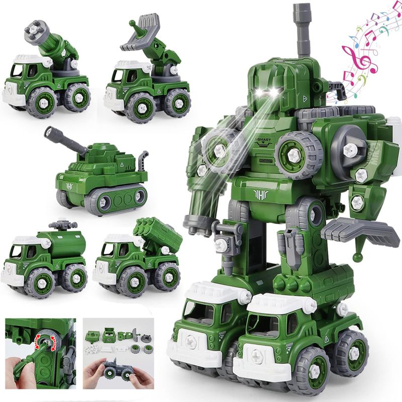 Jucarii, Copii si Bebe - Jucarii si jocuri - Vehicule si jucarii cu telecomanda - Roboti de jucarie - Robot Transformer 5 in 1 Linomag®, masini militare, surubelnita inclusa, +3 ani, verde, 31.5x15.7x21.6cm - Infinity.ro