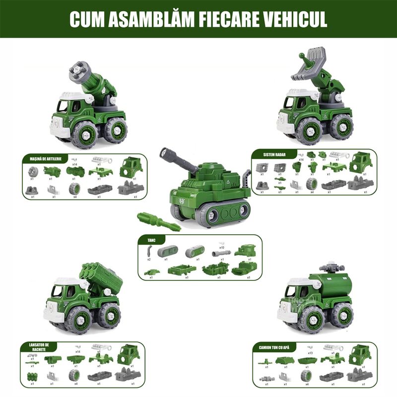 Jucarii, Copii si Bebe - Jucarii si jocuri - Vehicule si jucarii cu telecomanda - Roboti de jucarie - Robot Transformer 5 in 1 Linomag®, masini militare, surubelnita inclusa, +3 ani, verde, 31.5x15.7x21.6cm - Infinity.ro