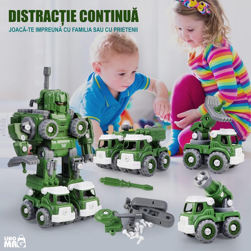 Jucarii, Copii si Bebe - Jucarii si jocuri - Vehicule si jucarii cu telecomanda - Roboti de jucarie - Robot Transformer 5 in 1 Linomag®, masini militare, surubelnita inclusa, +3 ani, verde, 31.5x15.7x21.6cm - Infinity.ro