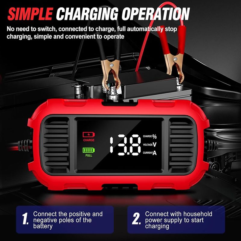Auto si Moto - Reparatii si depanare - Redresoare - Incarcator redresor baterie moto Techstar 12V 2A cu oprire automata, incarcare inteligenta cu 3 etape, afisaj LED - Infinity.ro