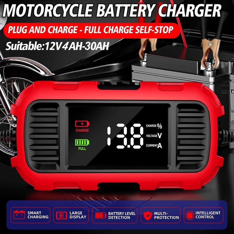 Auto si Moto - Reparatii si depanare - Redresoare - Incarcator redresor baterie moto Techstar 12V 2A cu oprire automata, incarcare inteligenta cu 3 etape, afisaj LED - Infinity.ro