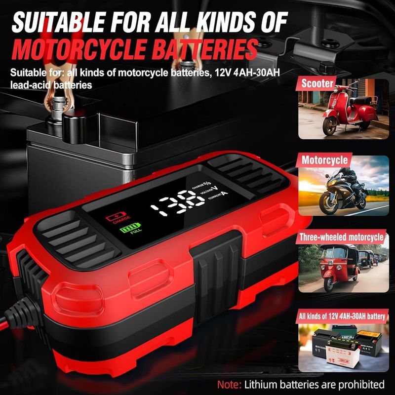 Auto si Moto - Reparatii si depanare - Redresoare - Incarcator redresor baterie moto Techstar 12V 2A cu oprire automata, incarcare inteligenta cu 3 etape, afisaj LED - Infinity.ro