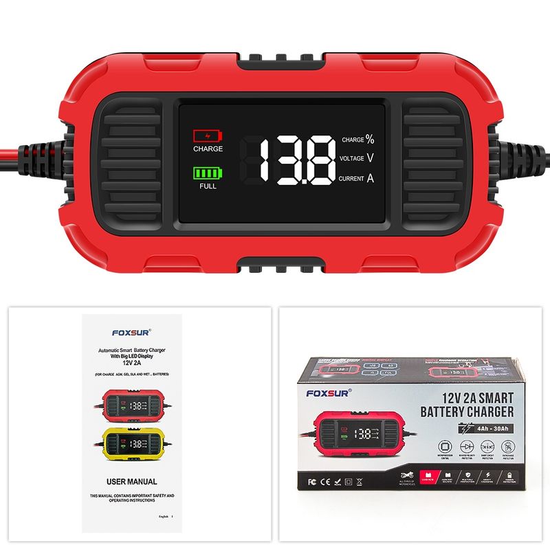 Auto si Moto - Reparatii si depanare - Redresoare - Incarcator redresor baterie moto Techstar 12V 2A cu oprire automata, incarcare inteligenta cu 3 etape, afisaj LED - Infinity.ro