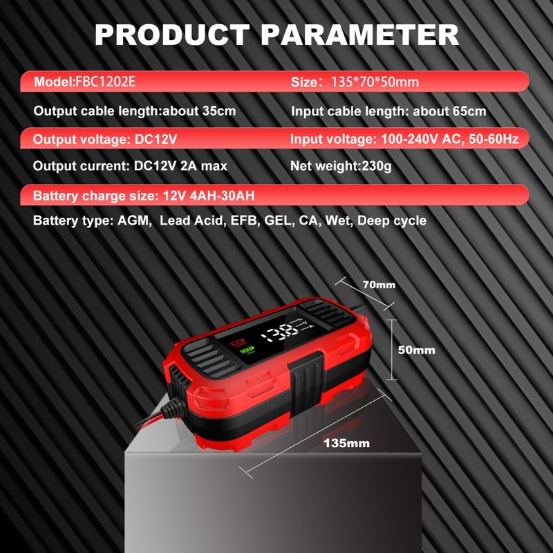 Auto si Moto - Reparatii si depanare - Redresoare - Incarcator redresor baterie moto Techstar 12V 2A cu oprire automata, incarcare inteligenta cu 3 etape, afisaj LED - Infinity.ro