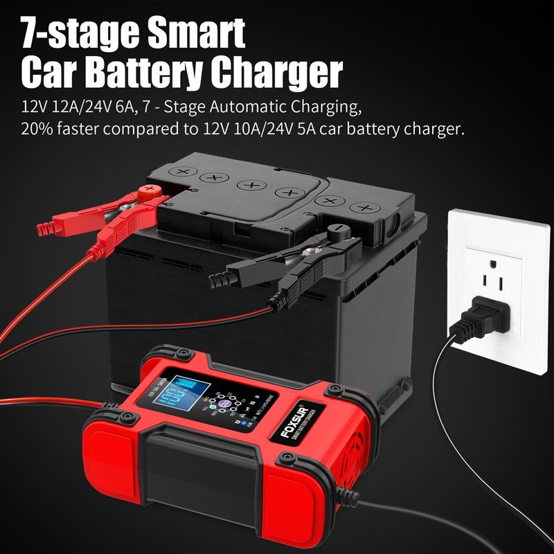 Auto si Moto - Reparatii si depanare - Redresoare - Incarcator Redresor baterii auto-moto inteligent FOXSur FBC122412D, 12V 12A/24V 6A, 7 trepte incarcare, LCD, rosu - Infinity.ro