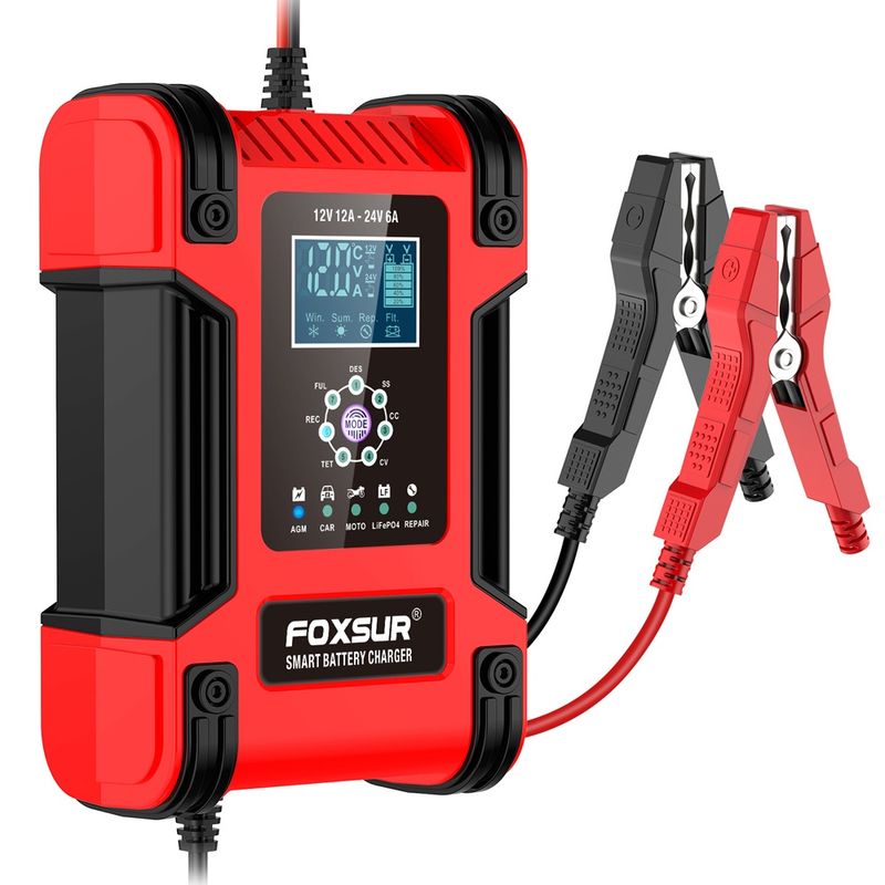 Auto si Moto - Reparatii si depanare - Redresoare - Incarcator Redresor baterii auto-moto inteligent FOXSur FBC122412D, 12V 12A/24V 6A, 7 trepte incarcare, LCD, rosu - Infinity.ro