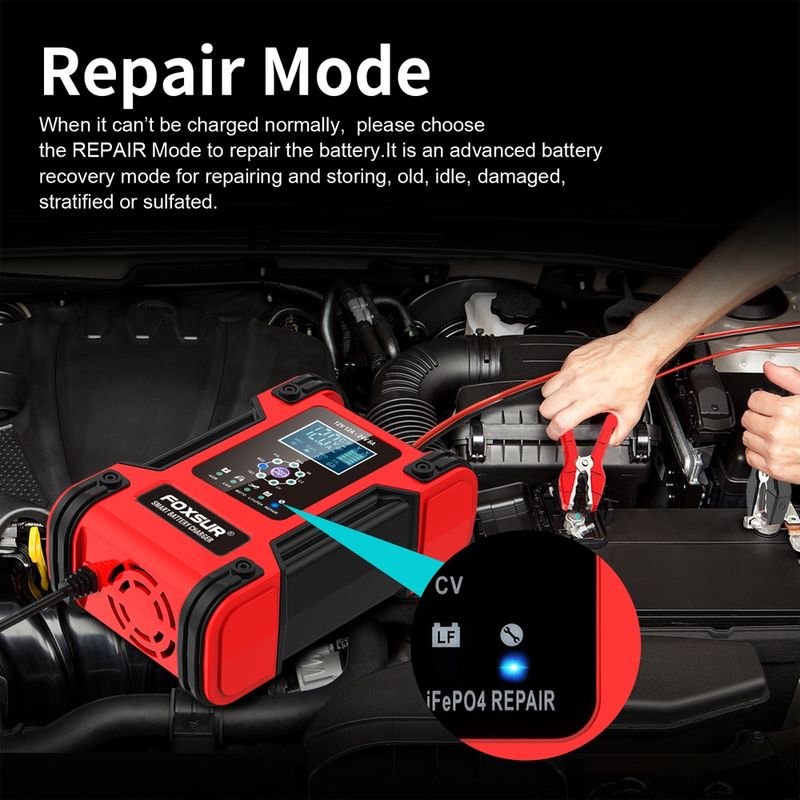 Auto si Moto - Reparatii si depanare - Redresoare - Incarcator Redresor baterii auto-moto inteligent FOXSur FBC122412D, 12V 12A/24V 6A, 7 trepte incarcare, LCD, rosu - Infinity.ro
